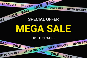 Holographic horizontal sale banner with special offer text, colorful discount tape on black background, up to 50% off promotion, modern shopping advertisement template. Vector EPS10