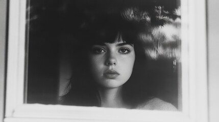 Black and white of a young woman looking through a window