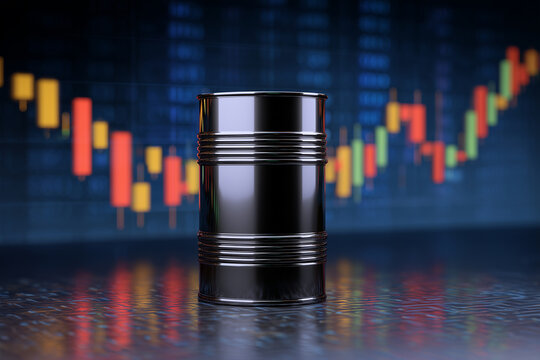 black oil barrel with reflective surface standing on glossy floor with colorful stock market graph background