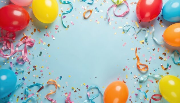 Colorful carnival background featuring balloons, confetti, streamers. Vibrant festive elements create celebratory atmosphere for parties, events, holidays. Playful arrangement adds joy, excitement to