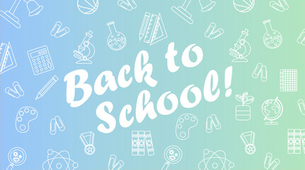 Back to school bright gradient childrens banner with school linar supplies