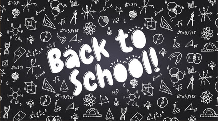 Back to school banner with school doodles on black chalkboard