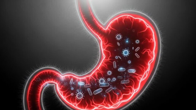 A detailed 3D animation of the human stomach showing a dynamic environment filled with bacteria and viruses, representing the complex gut microbiome and potential infections.