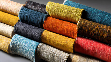 A vibrant display of various textured fabric swatches in rich colors, perfect for design inspiration.