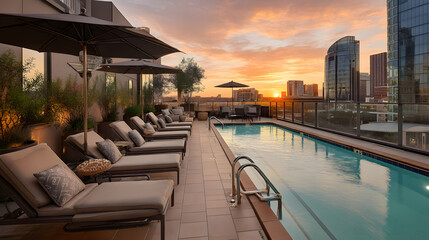 A serene rooftop pool area at sunset, featuring lounge chairs and city skyline, creating a relaxing atmosphere for evening enjoyment.