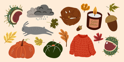 Cozy autumn stickers in cartoon flat style. Fallen leaves, pumpkin, rabbit, fox, clouds, candle, sweater, acorn, chestnut. Set of autumn doodle hand drawn groovy vector shapes