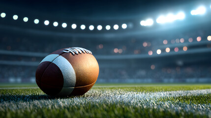 An American football rests on the field, illuminated by stadium lights, ready for the game to begin.