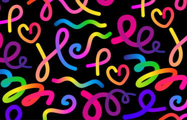 Black background pattern with Colorful Swirl Ribbons Gradient Lines in Motion