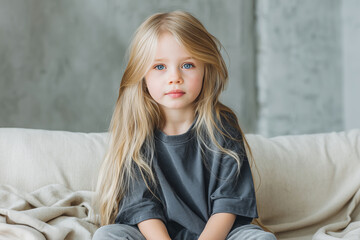 blonde girl sitting on beige couch with long hair and blue eyes wearing casual grey clothes indoors