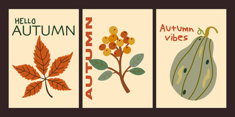 Set of trendy retro style abstract autumn posters. Bright leaves, pumpkins, acorn. Autumn cozy vector illustration for greeting card, advertising, banner, social media, flyer, cover