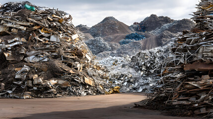 A vast scrapyard filled with heaps of metal scraps and debris under a cloudy sky.