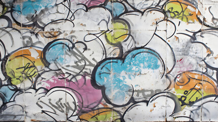 Vibrant graffiti mural showcasing colorful abstract cloud shapes in blues, pinks, and yellows, creating a lively urban backdrop.