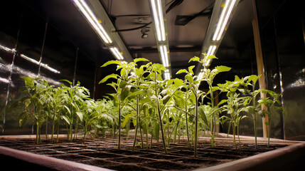 Lush green tomato seedlings growing under bright LED lights in a controlled indoor environment.