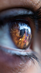 close-up eye reflection showing city lights at night with detailed eyelashes and skin texture