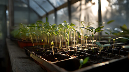 Vibrant green seedlings thrive in a sunlit greenhouse, showcasing the beauty of nature's growth.