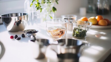 Refreshing zero waste summer beverages made from citrus peels and leftover berries in a bright kitchen environment