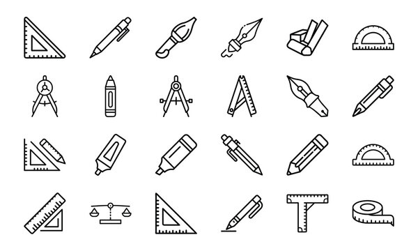 A collection of black and white icon outlines illustrating drafting and measurement tools