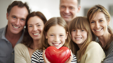 A diverse family group poses happily together, with a young girl holding a red heart-shaped object, radiating love and joy.