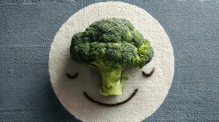 A cheerful face made with broccoli and simple line art, embodying healthy eating and joy.