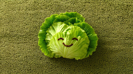 A playful green lettuce with a smiling face on a textured green background.