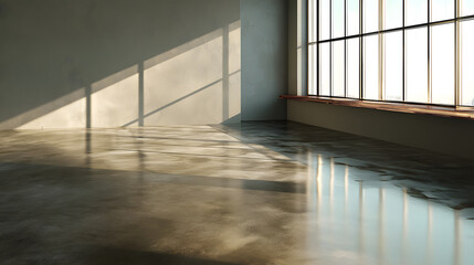 A serene, empty room with polished concrete floors and sunlight streaming through large windows.