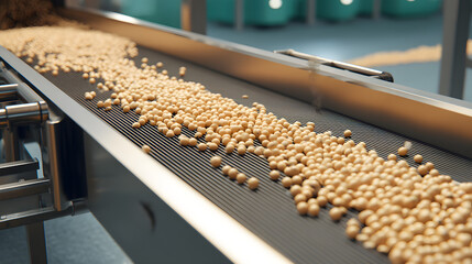 A close-up view of beige pellets flowing on a conveyor belt in a manufacturing facility, highlighting the industrial process.