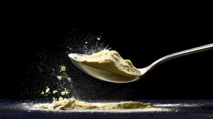 A silver spoon filled with fine powder, suspended in mid-air with an explosion of particles against a dark background.