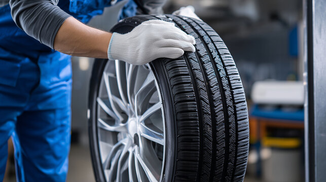 Man holding a new car tire with gloved hands in an automotive repair workshop, focusing on wheel maintenance and tire safety.