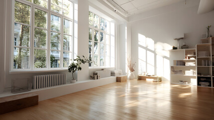 Bright and minimalistic interior of a spacious room with wooden flooring and large windows, showcasing a peaceful atmosphere.