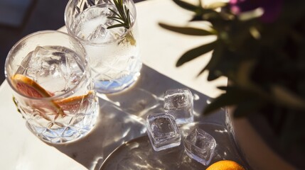 Refreshing grapefruit rosemary sparkling water served on a chilled tray with herbs and citrus slices in a shaded patio setting
