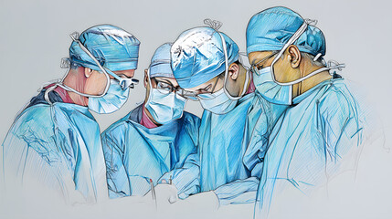 A diverse group of surgical professionals in scrubs and masks focused on a complex operation.