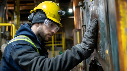 A focused male worker in a yellow hard hat and gloves inspects machinery in an industrial setting.