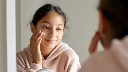 A young girl applying moisturizer while looking in the mirror, showcasing her skincare routine and self-care practices.