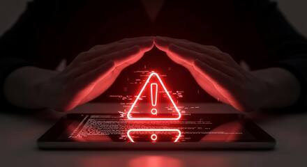 Red Warning Sign on Tablet Screen with Protective Hands Hovering Above