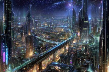 Futuristic Cityscape At Night With Glowing Lights