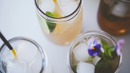 Bright summer brunch setup featuring homemade kombucha mojitos with fresh lime, mint, and edible flowers served in mason jars