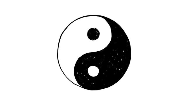 Yin yang sign animation, feng shui, doodle drawing, black and white video 4K, stop motion, loop