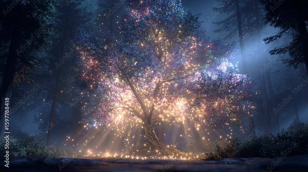 Poster a magical tree illuminated with lights in a misty forest at night with glowing particles around it