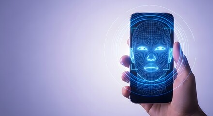 Hand holding smartphone with glowing blue facial recognition interface.