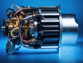 Detailed view of cylindrical brushless motor with complex wiring. Features copper wire, magnet, metallic components against cool blue background. Technology, industry, science equipment, engineering.