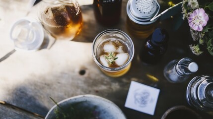 Homemade kombucha cocktails presented in a DIY cocktail kit featuring infused bottles, fresh garnishes, and recipe cards on a rustic table