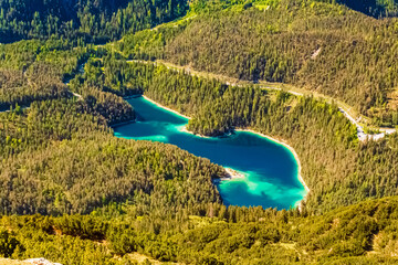 Alpine summer view with lake Blindsee at Mount Grubigstein,Lermoos, Reutte, Tyrol, Austria