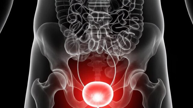 A detailed 3D animation showcases the human urinary system, with the bladder prominently highlighted in red, demonstrating its filling and emptying process.