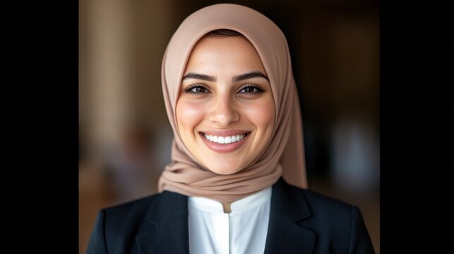 A confident young woman in a professional setting, wearing a hijab and blazer, smiles warmly, This image is ideal for articles or marketing materials focused on empowerment, diversity
