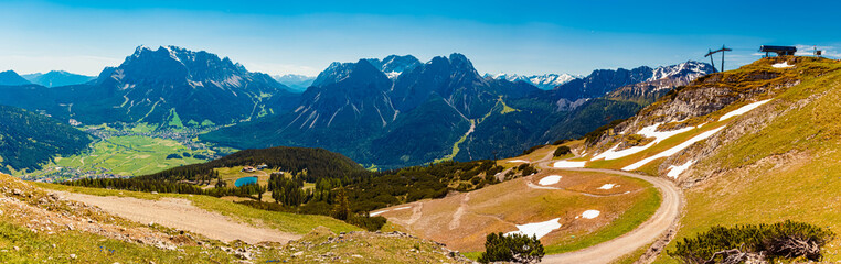 High resolution stitched alpine spring panorama at Mount Grubigstein, Lermoos, Reutte, Tyrol,...