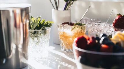 Vibrant market style mocktail station with fresh ingredients perfect for summer gatherings and personalized drinks