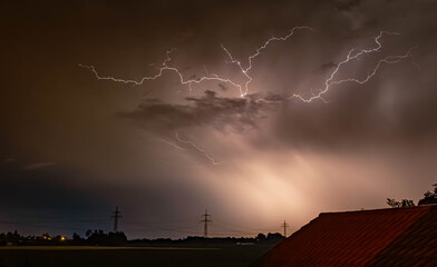 Thunderstorm with lightning near Tabertshausen, Aholming, Deggendorf, Bavaria, Germany