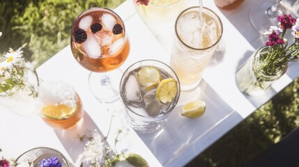 Vibrant picnic table displaying an array of flower infused drinks during a summer gathering with fruits and wildflowers