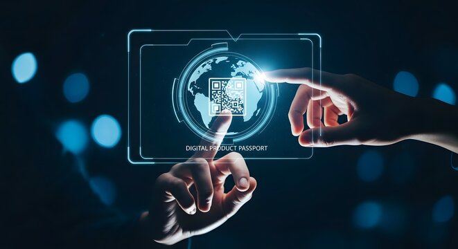 Fingers interacting with a futuristic holographic globe interface displaying digital data.