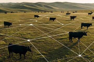 Cattle export geolocation data mapped over scenic pastures. Trade and tech. Geolocation enhances australian red meat industry's eu export capabilities. Global trade routes. Meat market trends.